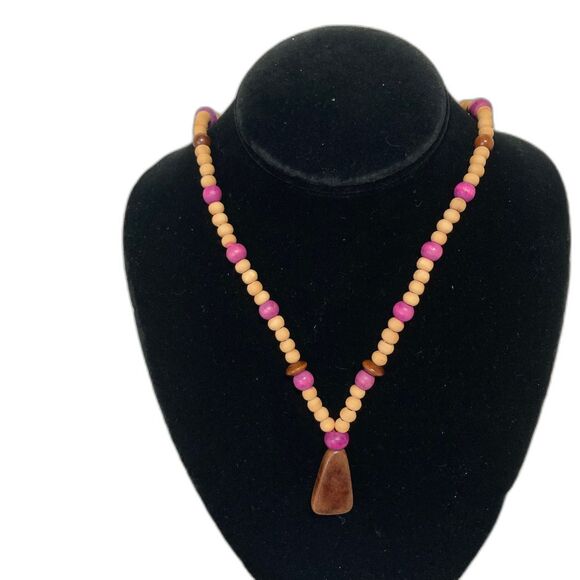Handmade Jewelry - Rainbow Wood Bead Stretch Necklace Charm Pink Tan Brown Necklace 13 inch